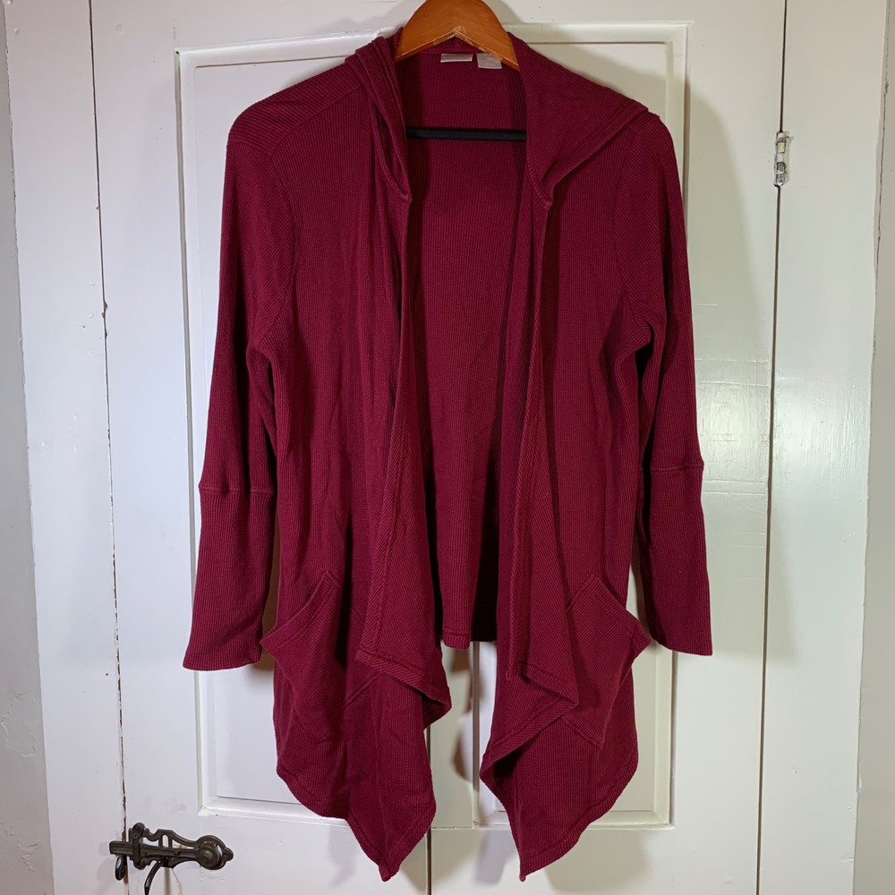 Chico's Zenergy Burgundy Waffle Knit Cardigan Hoodie 2P Open Front Pockets Artsy